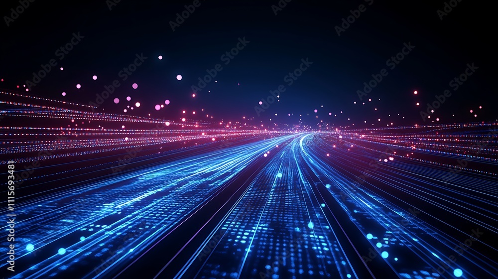 Poster vibrant abstract digital landscape with dynamic light trails and colorful particle effects in dark b
