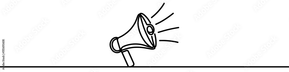 Poster megaphone making announcement in one line art style. promoting message with continuous line