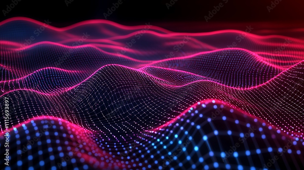 Poster vibrant abstract digital waves with neon colors and 3d grid pattern suitable for technology and art 