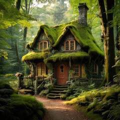 A whimsical fairytale cottage nestled in a lush garden, featuring traditional architecture with a moss-covered roof and charming, irregular stone walls. The cottage is surrounded by blooming flowers