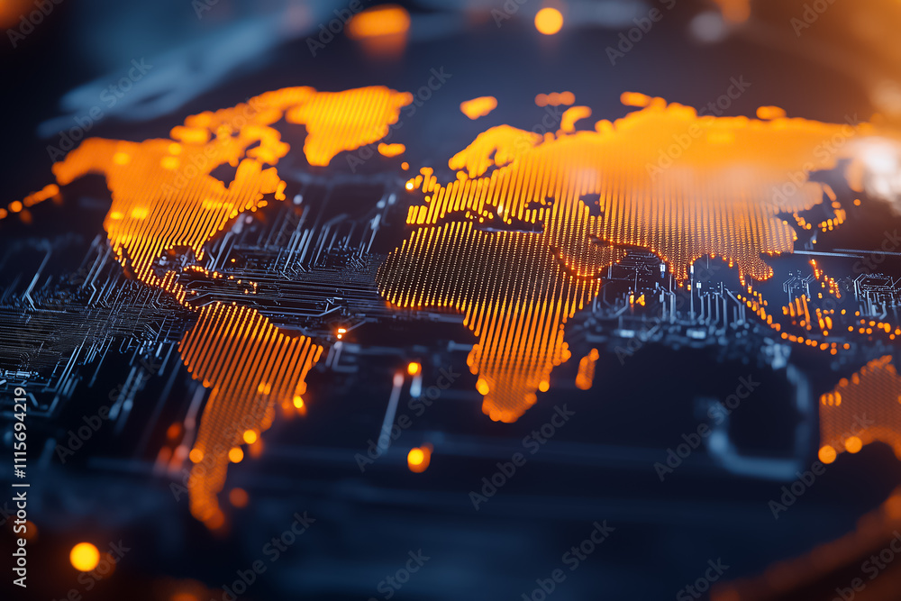 Poster a vibrant digital world map displays glowing lines and circuit designs that highlight global connect