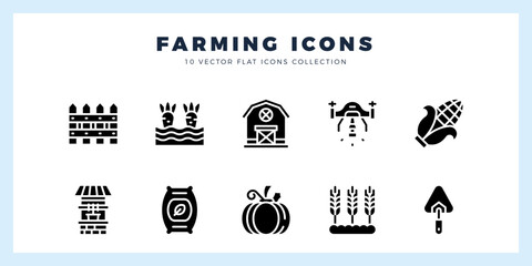 Naklejka premium 10 Farming Glyph icons pack. vector illustration.