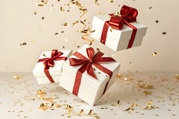 Floating White Gift Boxes with Red Ribbons and Golden Confetti
