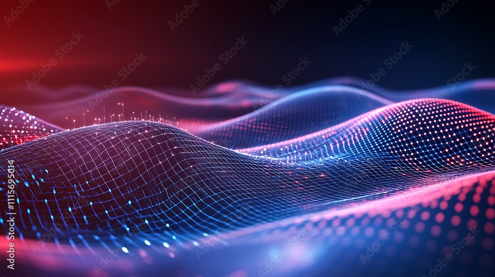 Poster vibrant digital waves with glowing dots and network grid patterns in red and blue tones for abstract