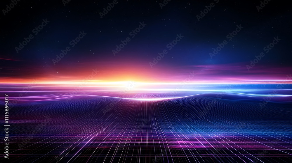 Poster vibrant futuristic landscape with colorful horizon and dynamic light patterns in deep space setting