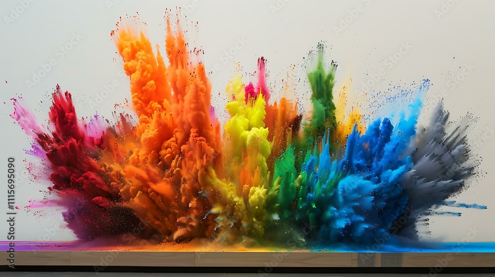 Poster captivating wide-view splash of multicolor powders exploding outward, showcasing dynamic movement an