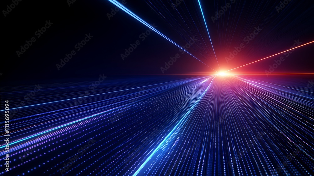 Poster vibrant light trails and abstract digital concept with rays emitting from a central source in darkne