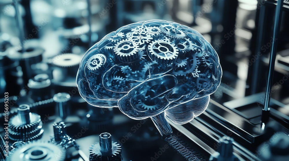 Poster a 3d rendering of a human brain made of gears and cogs.