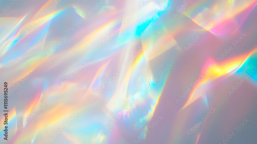 Poster dreamy holographic rainbow light refraction texture overlay with abstract soft bokeh effect on a whi