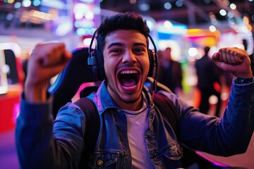 Obraz premium A young man in a casual denim jacket and white t-shirt, amidst colorful lights and sounds, celebrates a win with raised fists, capturing a joyful gaming moment.