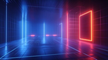Fototapeta premium Vibrant Neon Lights in a Futuristic Dark Room with Glowing Lines and Geometric Shapes