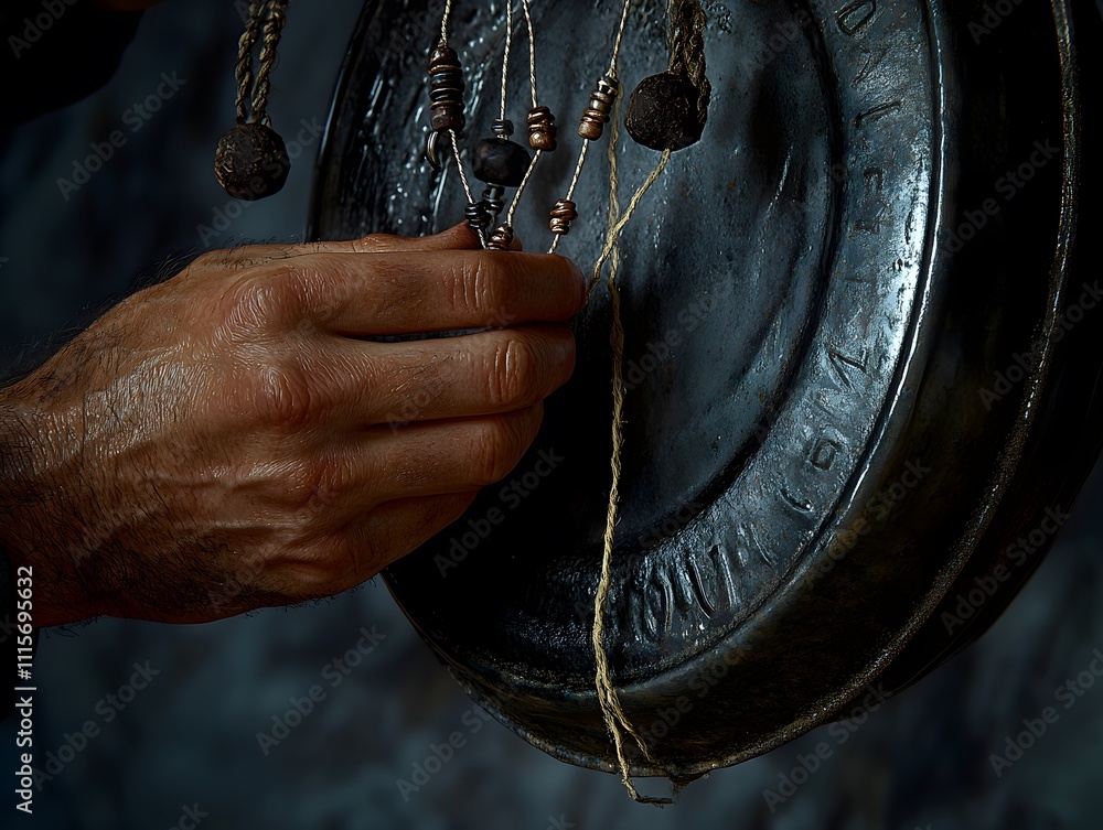 Poster a hand interacts with a metallic object featuring strings and beads, suggesting craftsmanship.