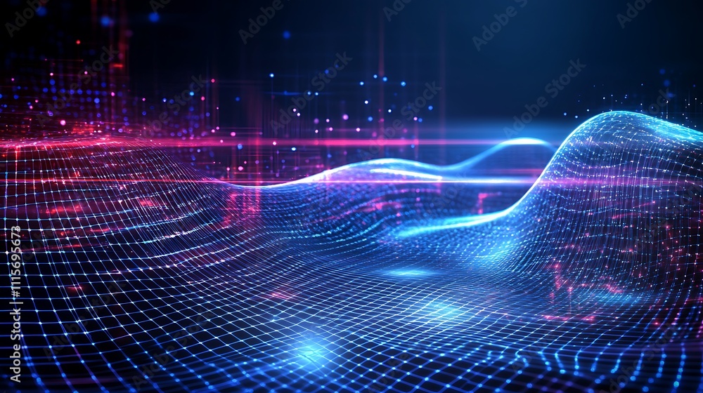 Poster vibrant network connections in abstract digital landscape with glowing waves and dots in dark backgr