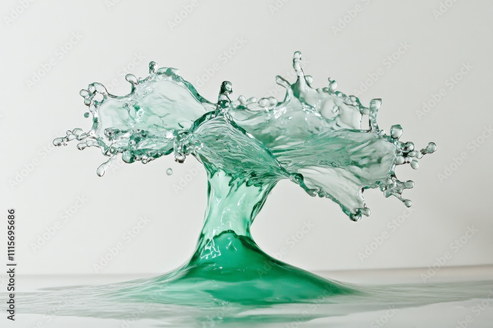 Poster A vivid depiction of teal liquid forming an intricate splash pattern, capturing the fluidity and delicate balance between motion and stillness in an artistic style.