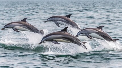 Fototapeta premium Dolphins leaping gracefully above ocean waves, showcasing their agility and playfulness.
