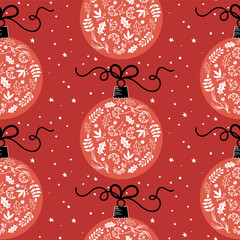 Christmas seamless pattern with Xmas balls and stars on a red background. Holiday gift wrapping paper, seasonal decor and digital projects, vector illustration