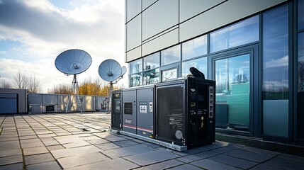 Highcapacity generator in soundproof enclosure outside telecommunications building