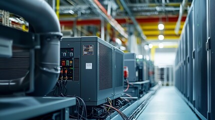 Data center backup generator setup in sharp focus
