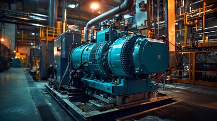 Blue industrial diesel generator in power plant full focus
