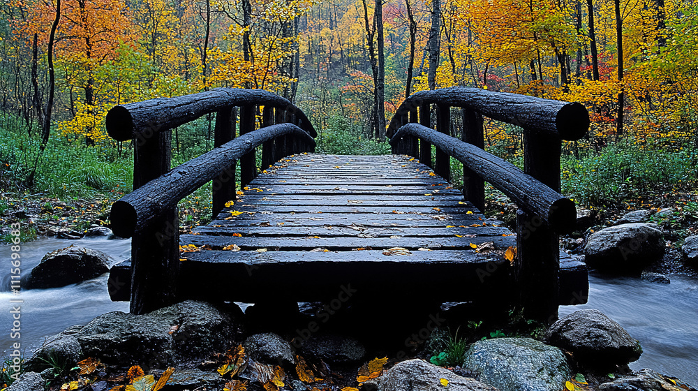 Poster exploring a rustic wooden bridge in a vibrant autumn forest near a flowing stream. generative ai