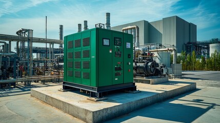 Naklejka premium Green diesel generator outdoors on concrete with factory background