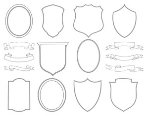 Line art vintage crest frames and ribbons, line drawing  vector illustration, monogram or wedding border set