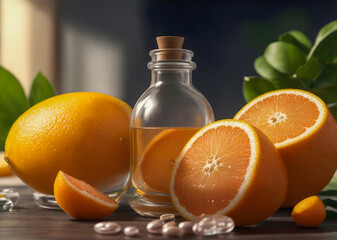 Natural light falling fresh Oranges and a bottle of Juice extract on a table, Orange Juice drink is a Balanced diet with the Breakfast to keep the body fit during summer season.