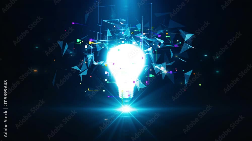 Poster a glowing light bulb radiates energy, surrounded by vibrant digital geometric shapes and dynamic par