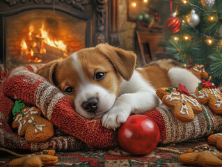 cute puppy next to the fireplace and Christmas tree 