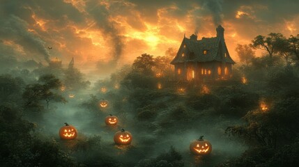 Eerie Halloween background with sinister pumpkins and a haunted house set in a spooky dark forest creating a spooky vibe for holiday banners and event promotions