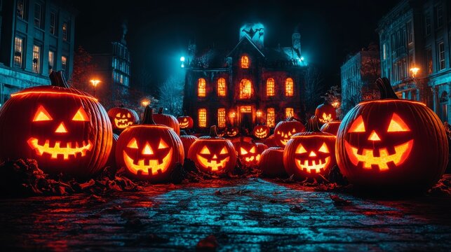 Dark Halloween backdrop featuring glowing pumpkins and a haunted house in a spooky forest creating a chilling atmosphere for Halloween event concepts and designs