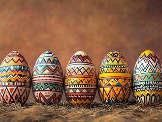 Easter eggs with hand-painted tribal patterns set against a deep earthy background ,