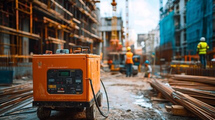Mobile generator near construction crane with workers detailed background