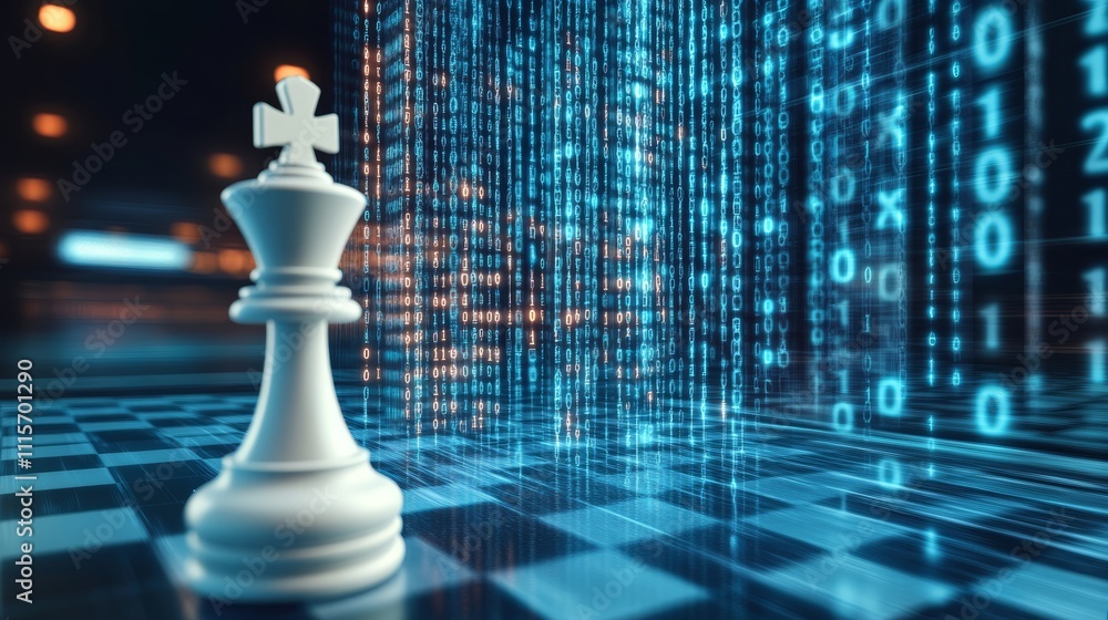 Poster leadership in the digital age white chess king on a checkered board with binary code background