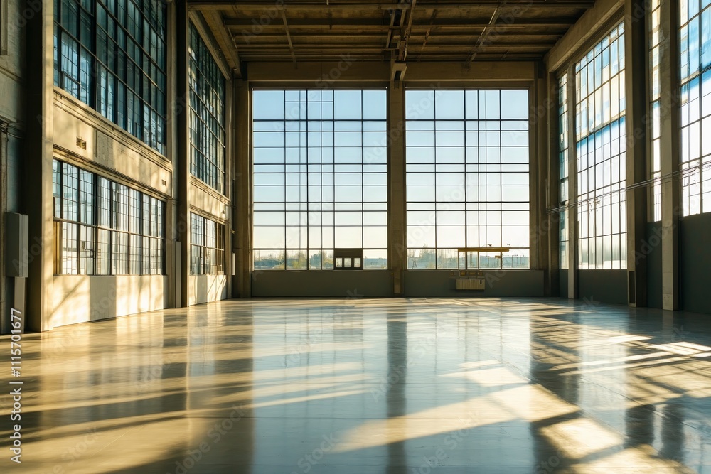 Poster A clean, modern interior featuring expansive glass windows that allow sunlight to pour in, illuminating the polished floors and creating geometric light patterns.