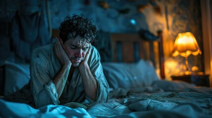 Fototapeta premium Sad man sitting up in bed at night, hands on his face, looking down.