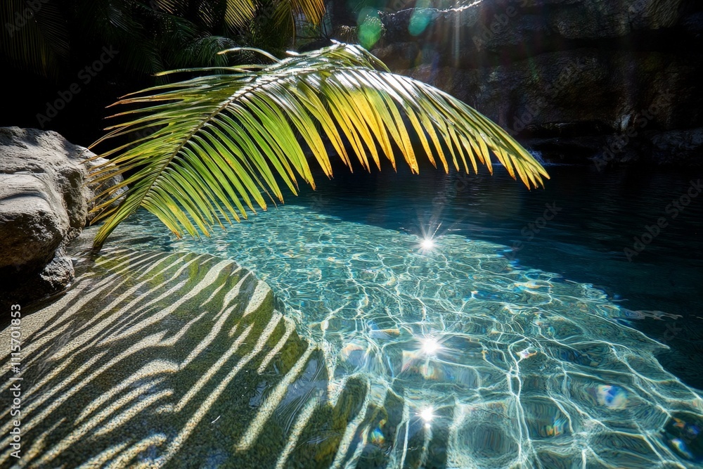 Poster a vibrant green palm leaf gracefully arches over the crystal clear water of a pond. sunlight creates