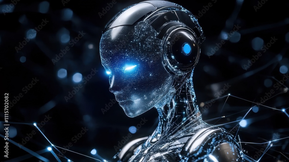 Poster futuristic artificial intelligence robot in dark sci-fi environment