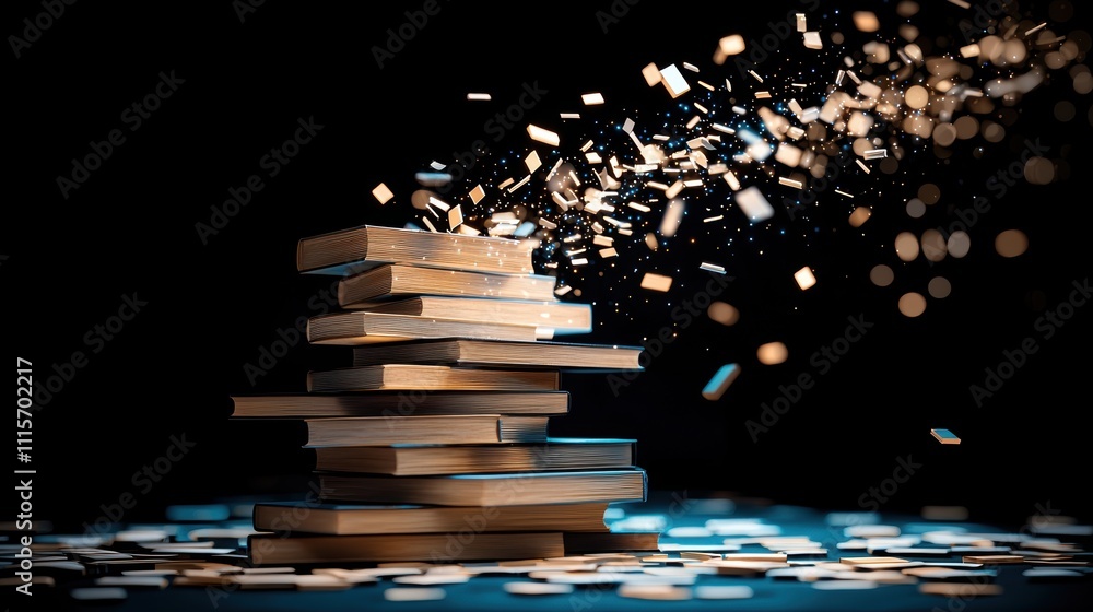 Poster explosive book stacking action dark studio visual art creative environment dynamic viewpoint concept
