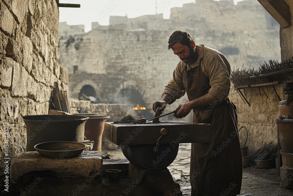 Poster in a rustic courtyard, a blacksmith laboriously hammers metal, surrounded by stone walls and pots, e