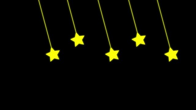 Five Golden Stars Hanging and Swinging twinkling on Transparent Alpha Channel, black screen background