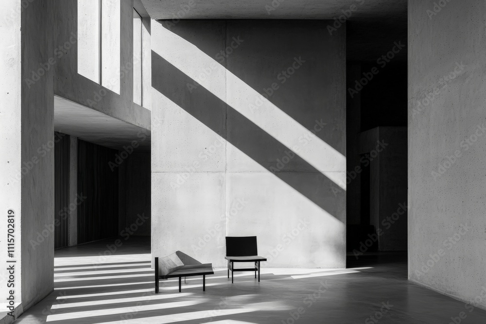 Aufkleber image depicts a modern architectural setting bathed in dynamic light and shadows, featuring chairs b