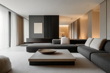 Fototapeta premium A luxurious minimalist lounge features expansive sectional seating, soft furnishings, contemporary wall designs, and a modern square coffee table at its center.
