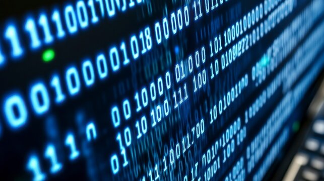 Glowing blue binary code streaming on a computer screen creating a high-tech and futuristic vibe ideal for digital solutions, programming, IT security, and technology-focused designs.