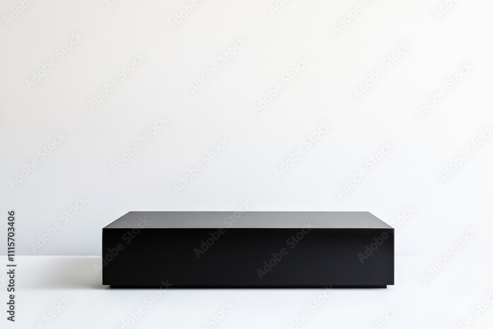 Poster A sleek black geometric block sits in an empty, minimalist setting, featuring clean lines and stark contrast against the plain light-colored background.