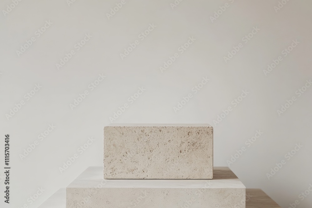 Poster this minimalist artwork features a beige block perched atop layered bases, set against a soft neutra