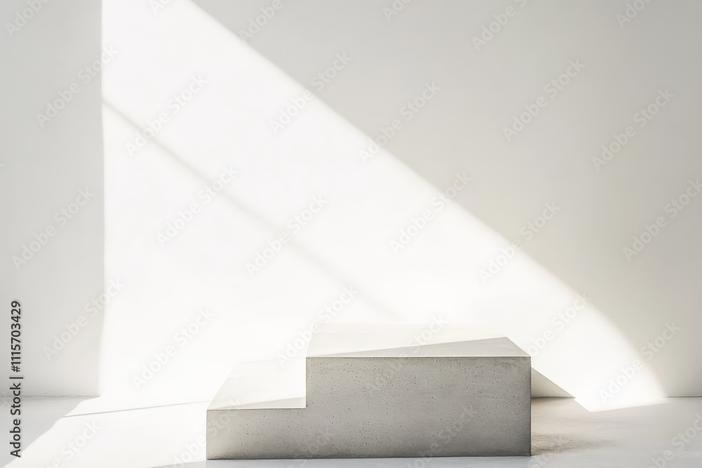Poster a two-step concrete platform is bathed in dramatic angles of light, creating dynamic shadows and a m