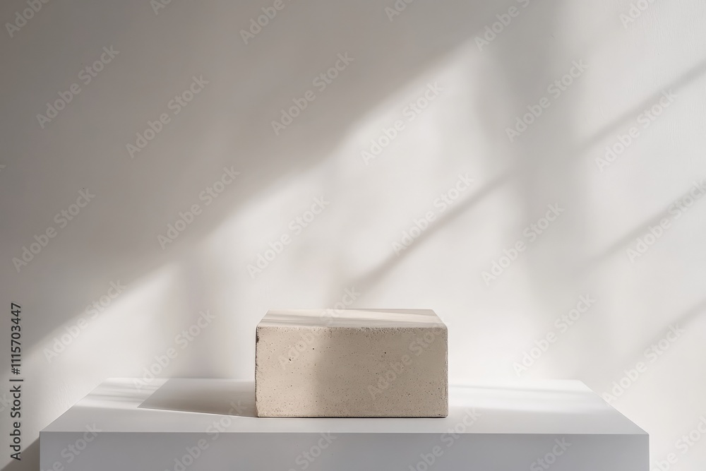 Poster a small beige concrete block is captured in a dramatic light setting, emphasizing its textured surfa
