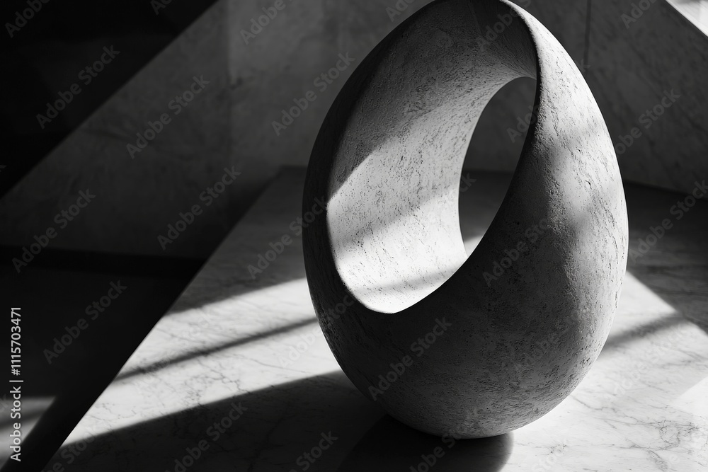 Poster a monochrome stone sculpture showcasing a geometric design with intricate textures stands in a space