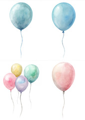 A set of four watercolor balloons, each with a different color